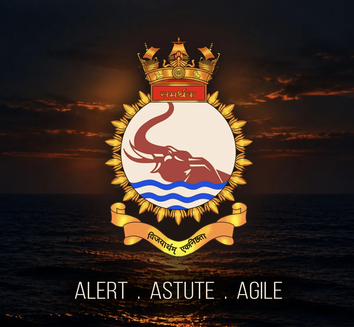 The ship's crest shows an Indian elephant rising from the waves