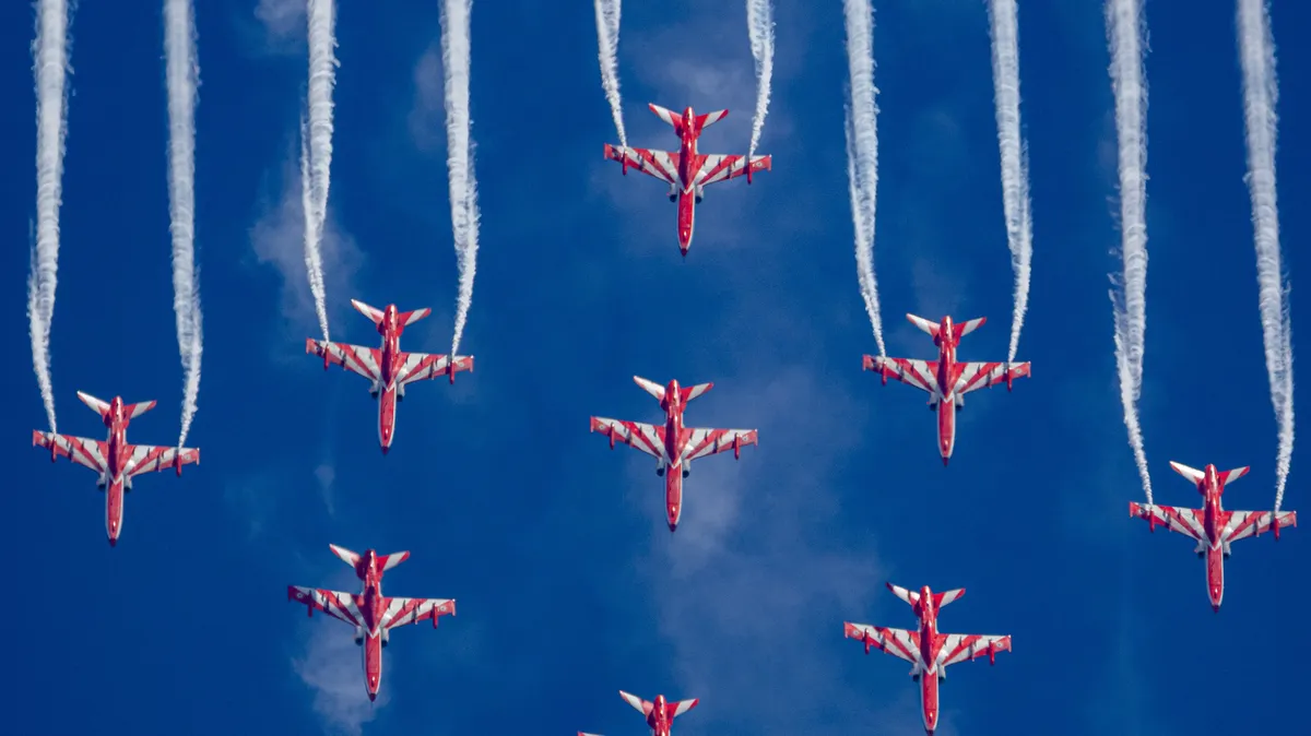 The Suryakiran Aerobatic Team flying in formation with smoke trails