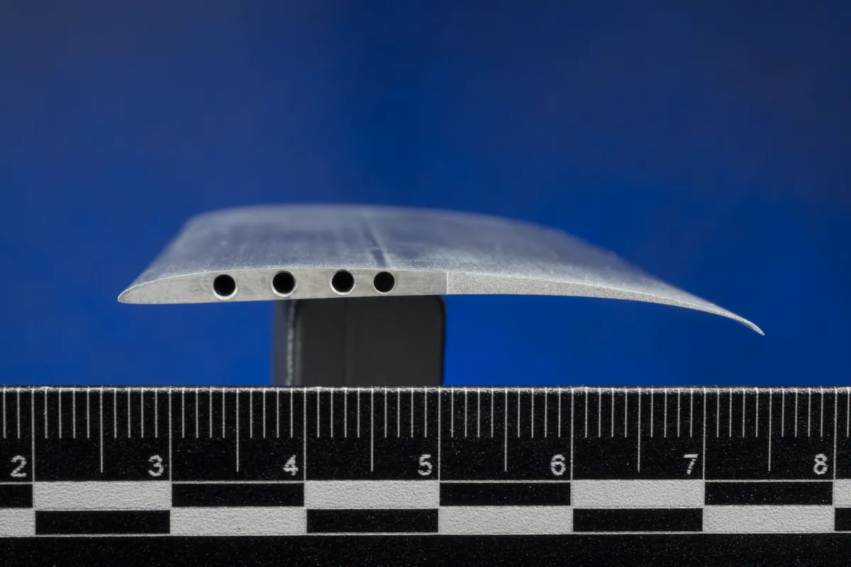 Mars helicopter: A close-up view of a cross-section of the Ingenuity rotor blade, also called an airfoil