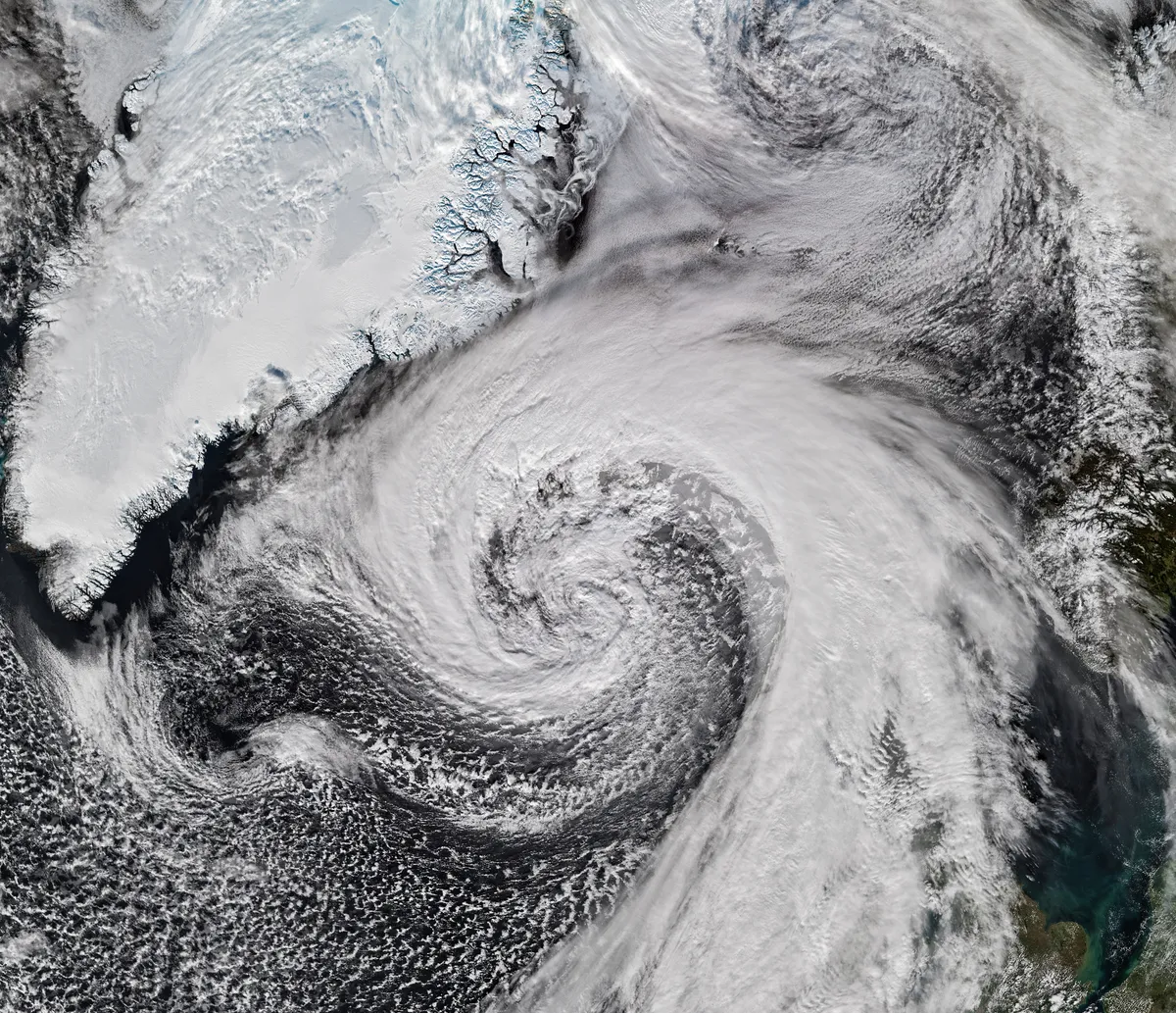 Iceland storm: The extratropical cyclone brushing past Iceland on 14 October, seen by the VIIRS instrument on NOAA-21